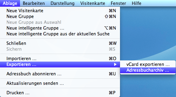 Adressbuch -> Ablage -> Exportieren -> Adressbucharchiv