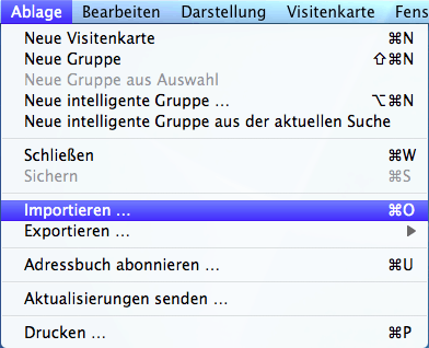 Adressbuch -> Ablage -> Importieren