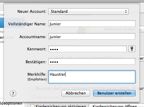 Erstellung eines neuen Benutzeraccounts Erstellung eines neuen Benutzeraccounts