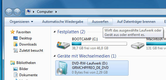 DVD auswerfen Windows 7